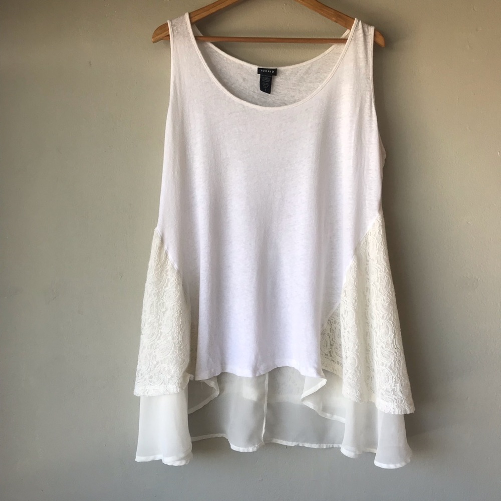 TORRID White Tank Top w/multi-patterned fabric 2X